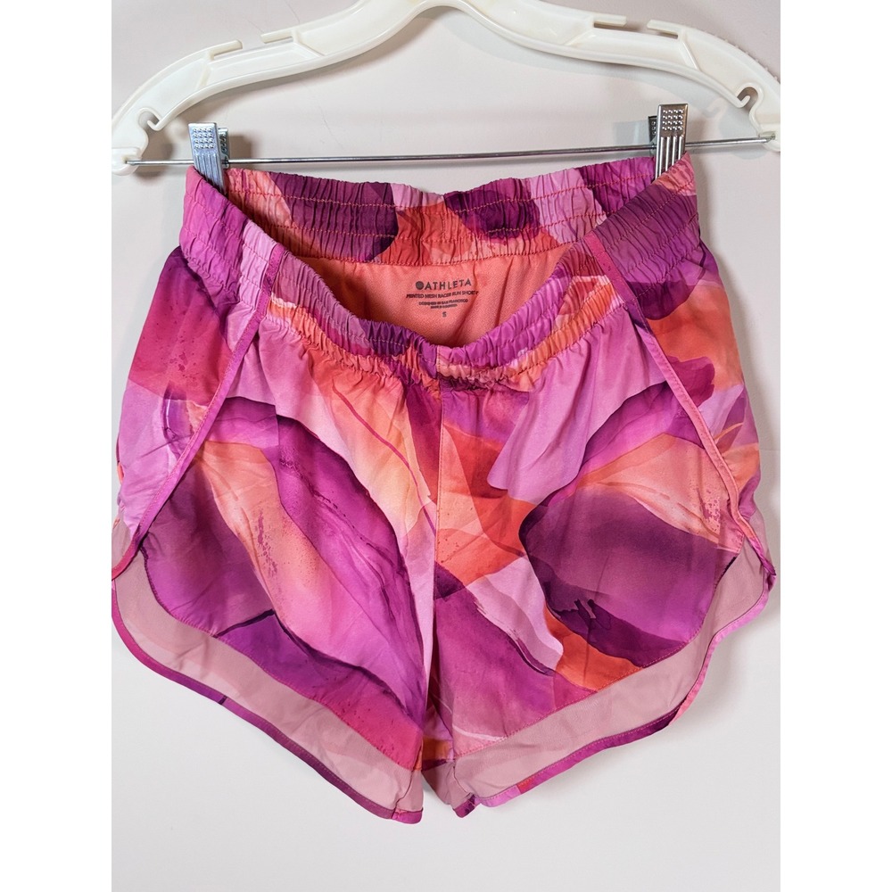 Athleta Printed Mesh Racer Run Shorts Pink Orange Abstract Watercolor Floral S